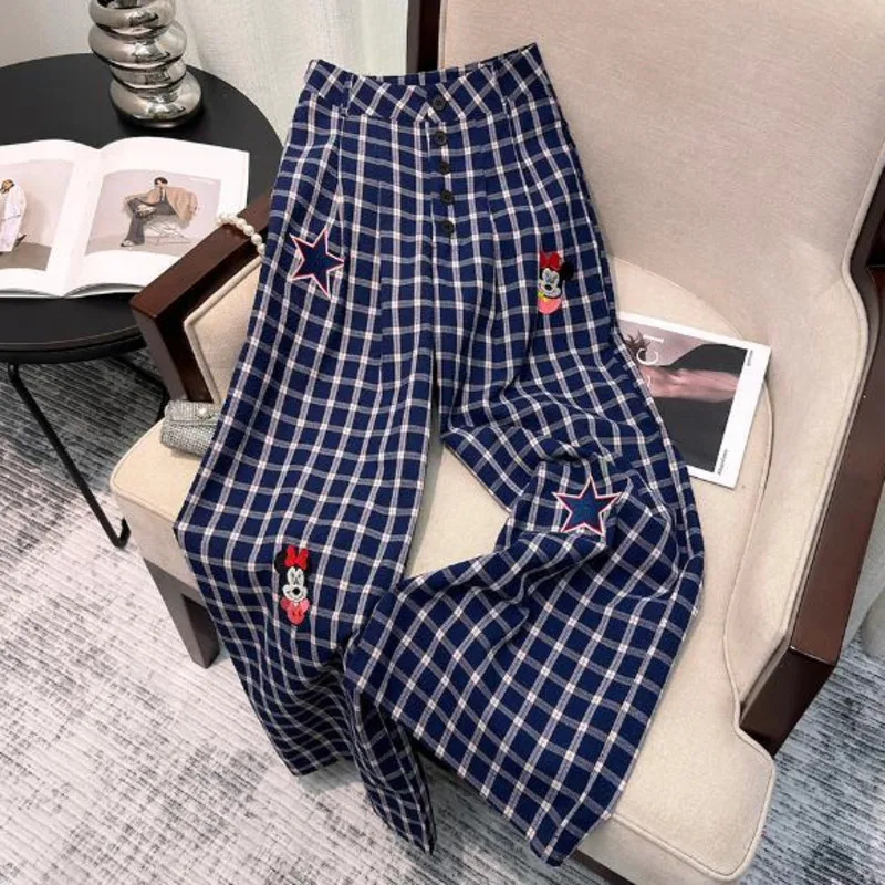 

Cute Disney Minnie Cartoon Embroidery Checkered Casual Pants Wide Leg Pants for Women's Autumn New High Waisted Loose Trousers