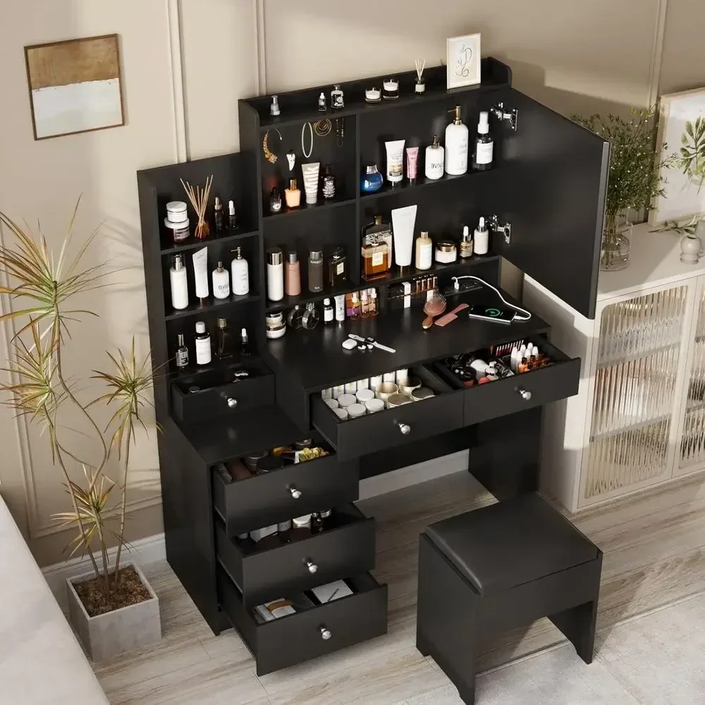 LED Mirror Vanity Desk Set with Power Strip, Makeup Table with Adjustable Lighting and Stool