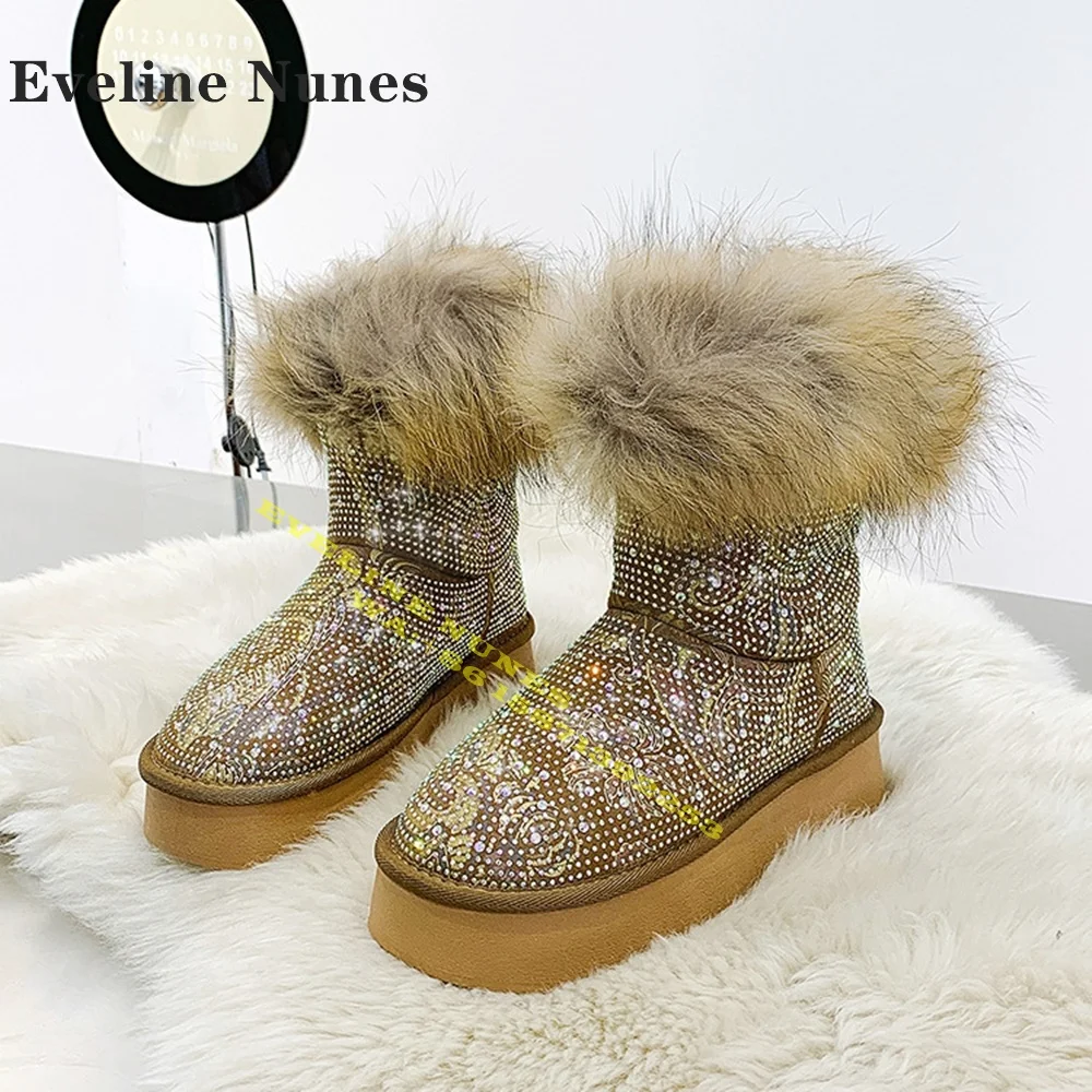 Furry Gypsophila Rhinestones Snow Boots Round Toe Thick Sole Platform National Style Women Winter Warm Ankle Boots 2024 Newset