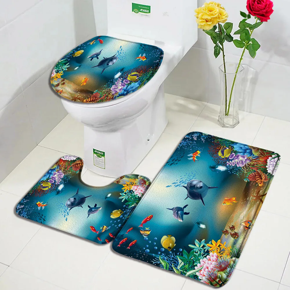 Funny Dolphin Bath Mat Set Sea Turtle Fish Animal Underwater Scenery Children Bathroom Decor Carpet Non-Slip Rug Toilet Lid Mats