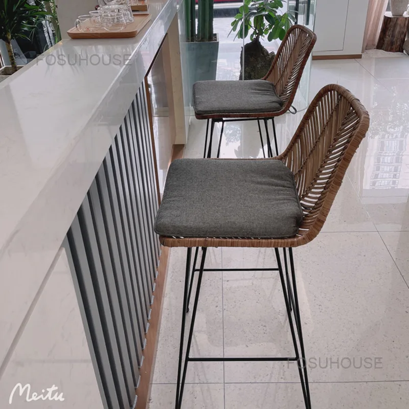 Metal Legs High Bar Stool Rattan Woven Backrest Lounge Minimalist Bar Chairs Dining Designer Moderne Room Furnitures