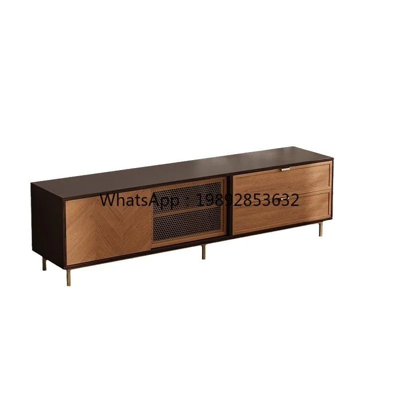 1LYY Vintage Style Copper Mesh TV Coffee Table Simple TV Cabinet Home Living Room Retro TV Cabinet Floor-standing Solid Wood