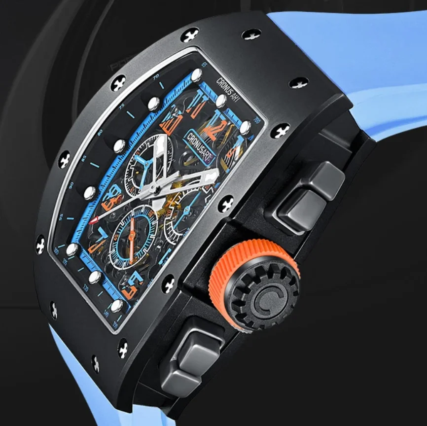 CRONUSART メンズ自動腕時計クロノグラフトノーカーボンスチールケース自動巻き機械式腕時計中空ダイヤル