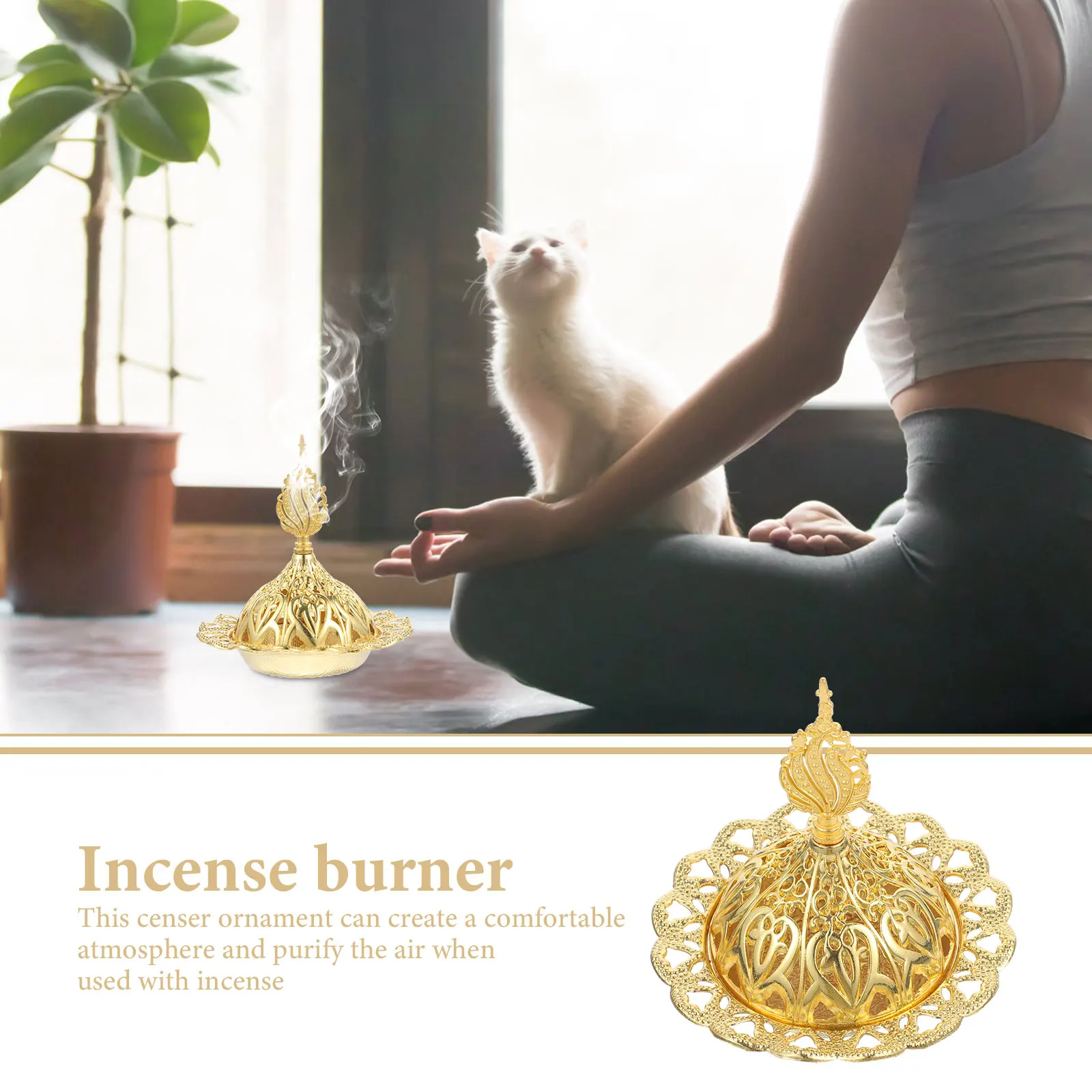 

Metal Incense Burner Ornaments Flat Bottom Golden Desktop Adornments Censer Decorative Aromatherapy Furnace Purify Air