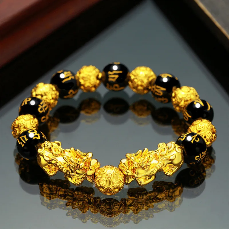 Feng Shui Obsidian Stone Beads Bracelet Wristband Gold Color Black Pixiu Wealth Good Luck Women Bracelet Men Women Unisex