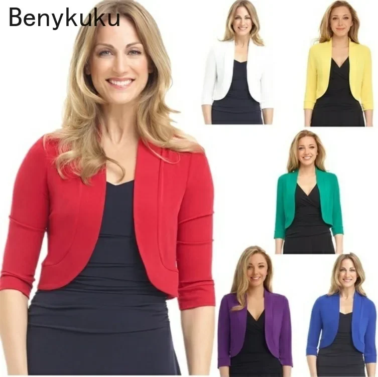 Jednolita moda krótki wzruszenie ramion Top pół rękawa przycięte bolerko kobiety Party duży Feminino rozpinany sweter Slim casualowa kurtka płaszcz