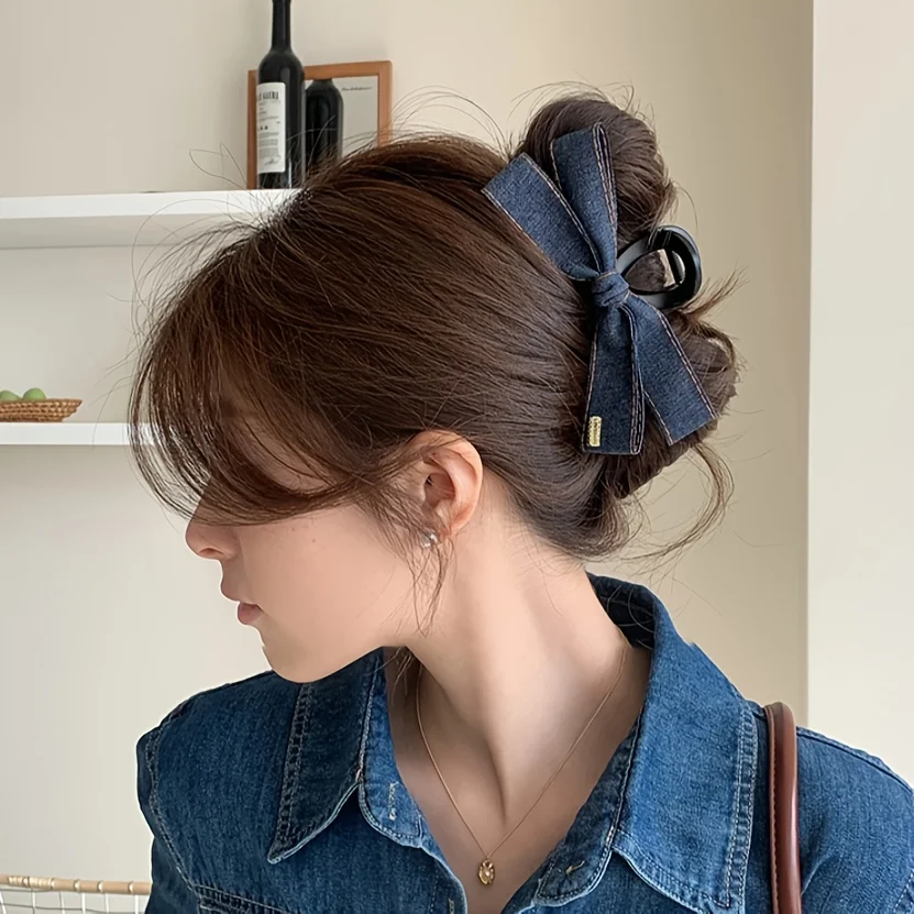 Haarspange aus Denim-Schleifenband, große Schleife, Haarklammer, rutschfeste Haarklammer, starker Halt, modische Haar-Accessoires für Frauen und Mädchen – Detail 3