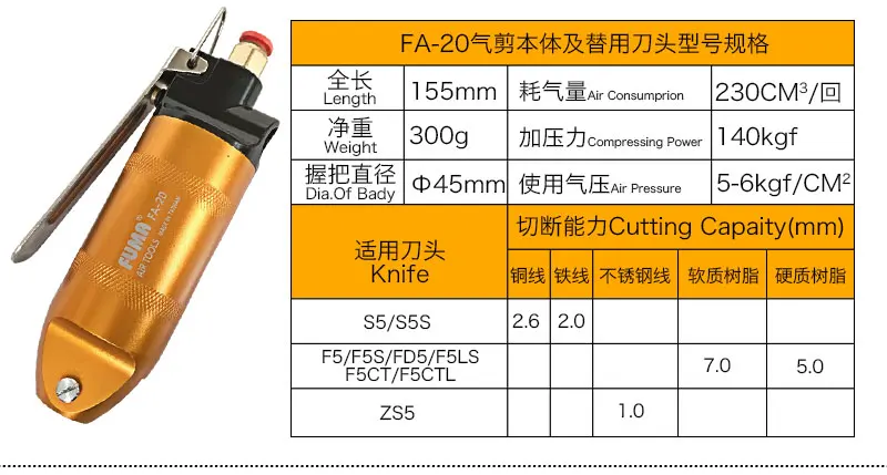 Taiwan FUMA pneumatic scissors FA- 20 Pneumatic plastic tail cutting pliers pneumatic shears (including F5 cutter head)