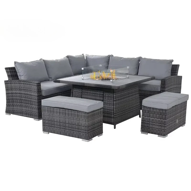 Muebles de Jardín Modernos de Lujo, Juego de Sofás de Mimbre Sintético en Forma de L para Patio, Resistentes al Agua, con Brasero