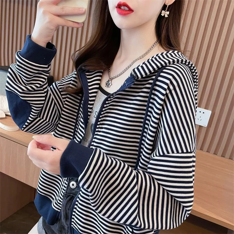 

Fashion Striped Hoodie Jacket Cardigan Women's Spring Autumn Thin New Korean Style Loose Versatile Hooded Coat Outerwear Top