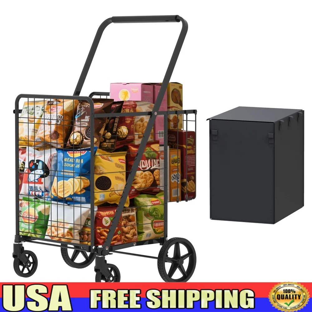 

Large Capacity Foldable Shopping Cart with 300lb Load Waterproof Liner 360° Swivel Wheels Grocery Laundry Garage