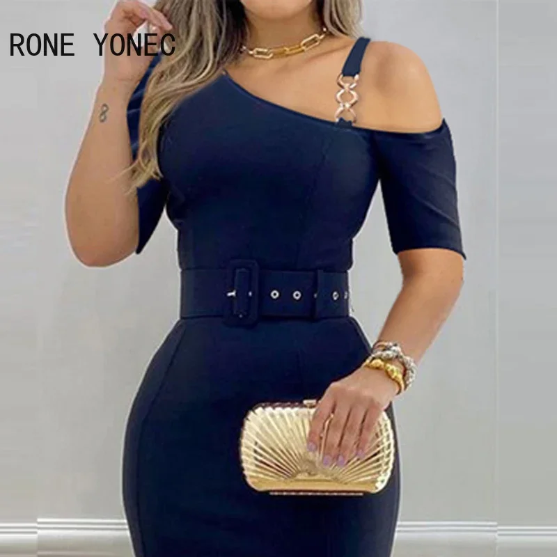 Vrouwen chique elegant met riem korte mouwen diagonale kraag bodycon kleine slib midi working jurken