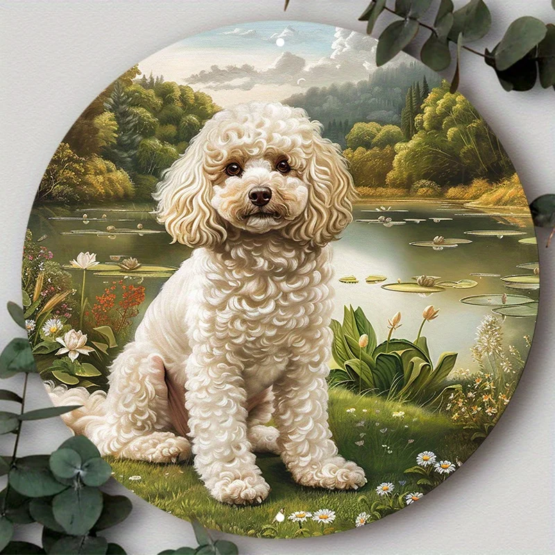 

Poodle Metal Wall Art Decor, Circular Aluminum Sign with 2D Flat Wreath Logo - Waterproof HD Printed Home Scene Decoration