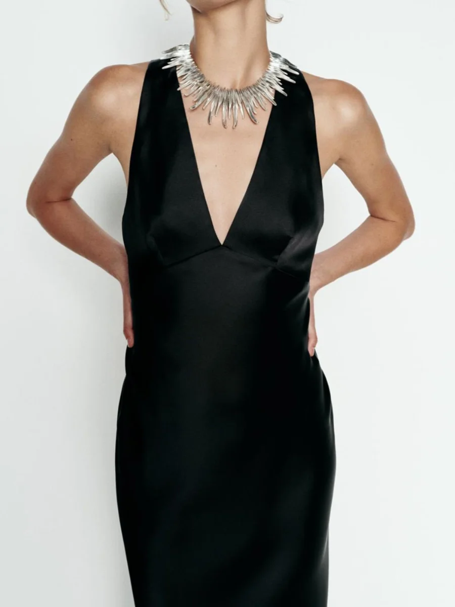 Nuevo Vestido Largo de Satén de Seda para Mujer, Estilo Veraniego, sin Espalda, sin Tirantes, sin Mangas, E, para el T...