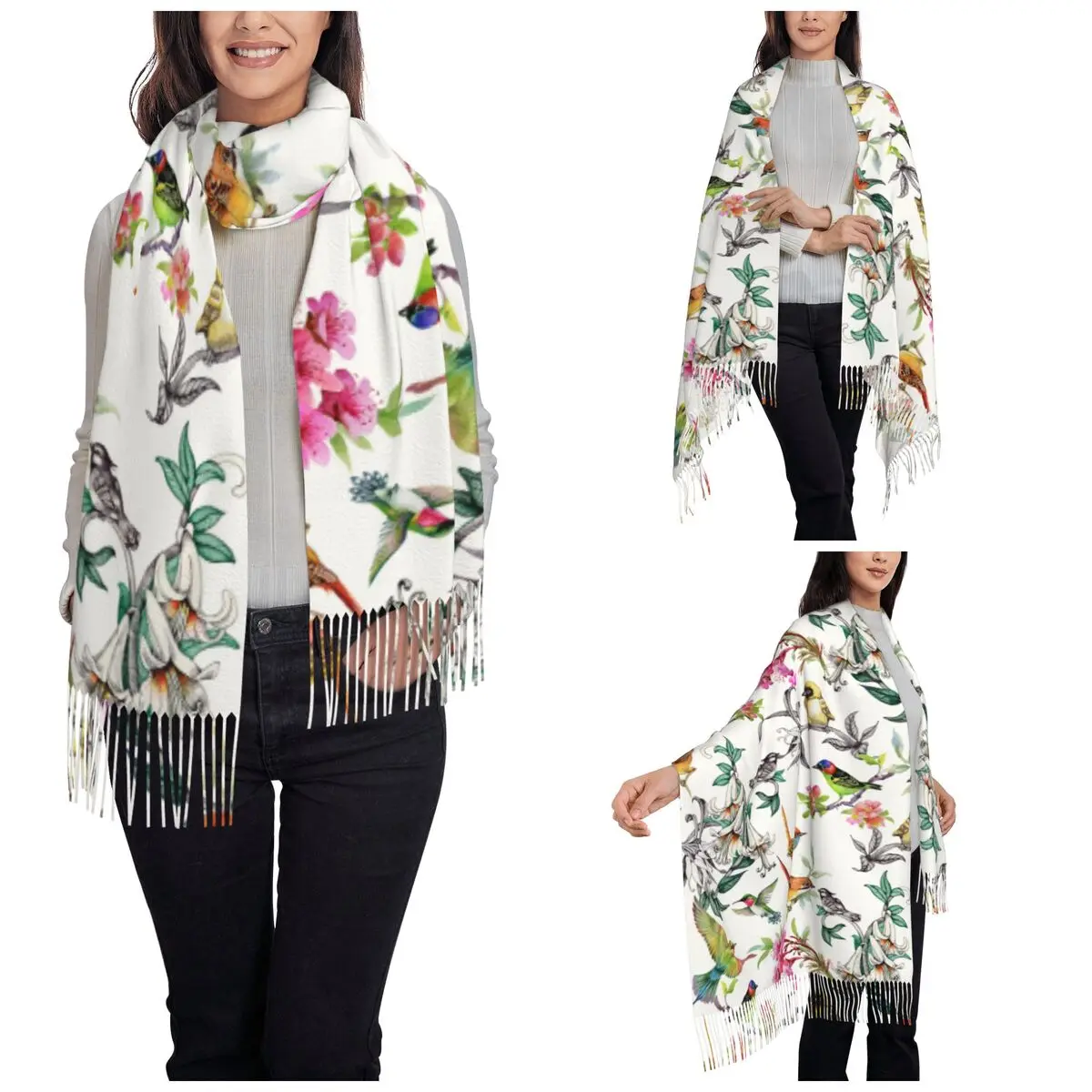 Hand Drawn Flowers And Birds Shawl Wrap for Ladies Winter Large Soft Scarf Watercolor Swallows Floral Neckerchief Tassel Scarves