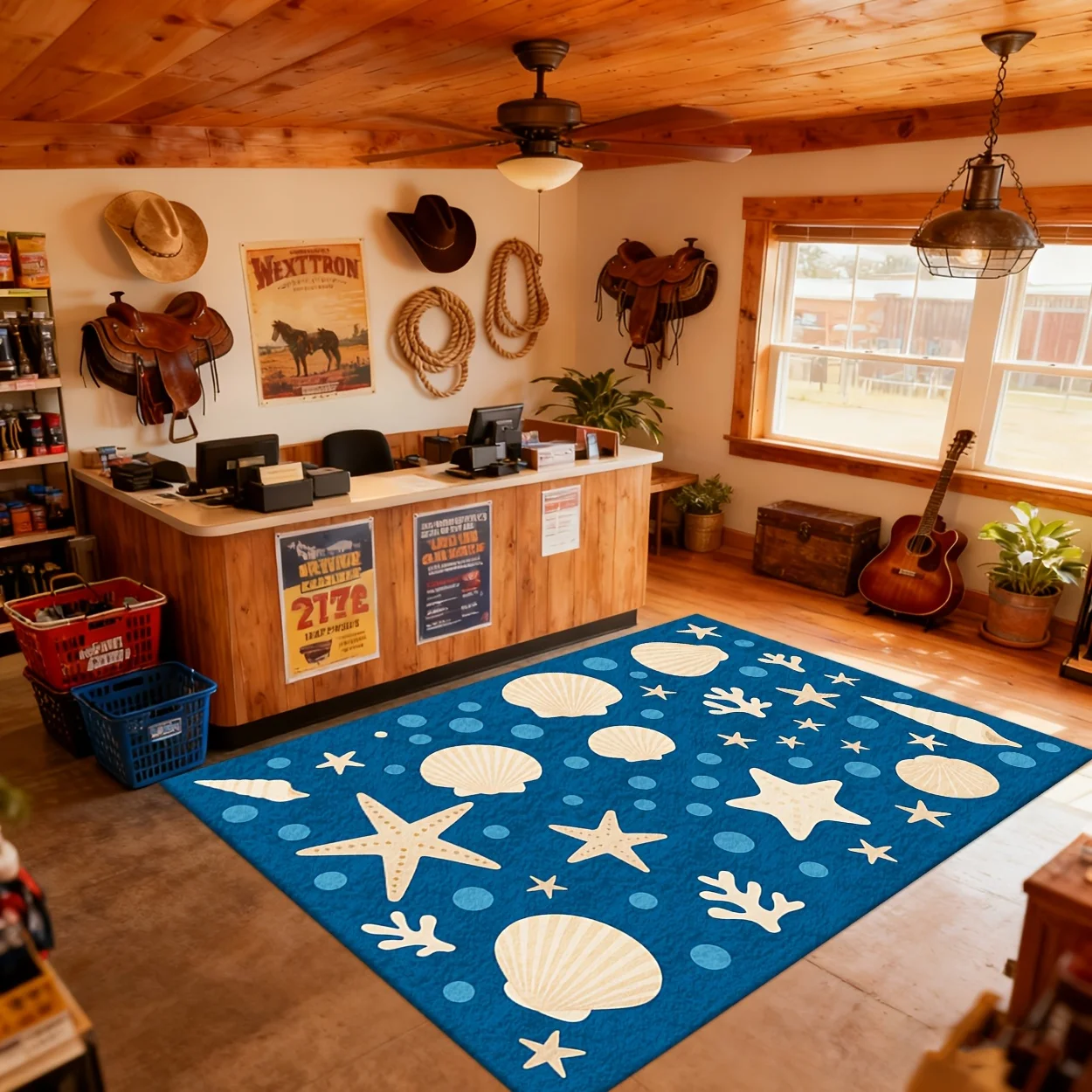 Ocean Marine Life Pattern Carpet Coastal Style Ground Cloth For Beach House Porch Home Decoration Layer Protection Anti-Wear
