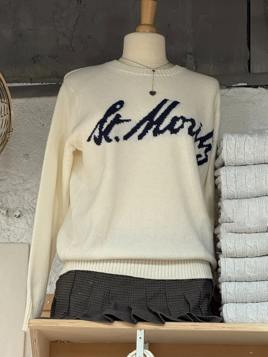 

Осенний новый жаккардовый пуловер с буквенным принтом, женский вязаный свитер в рубчик с круглым вырезом и длинными рукавами, повседневные белые джемперы в консервативном стиле