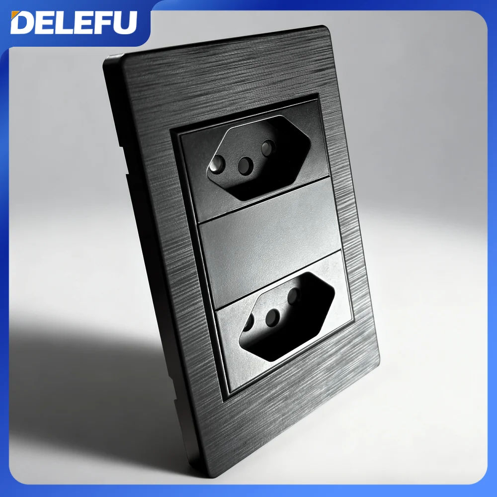 DELEFU Black Fireproof PC Brushed Brazil Standard Socket Double USB Type C Wall Power Outlet Light On