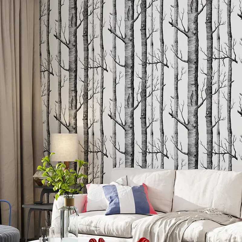 Black White Birch Tree Wallpaper Modern Design Roll Pearly Rustic Forest Woods Bedroom Living Room Wall Paper