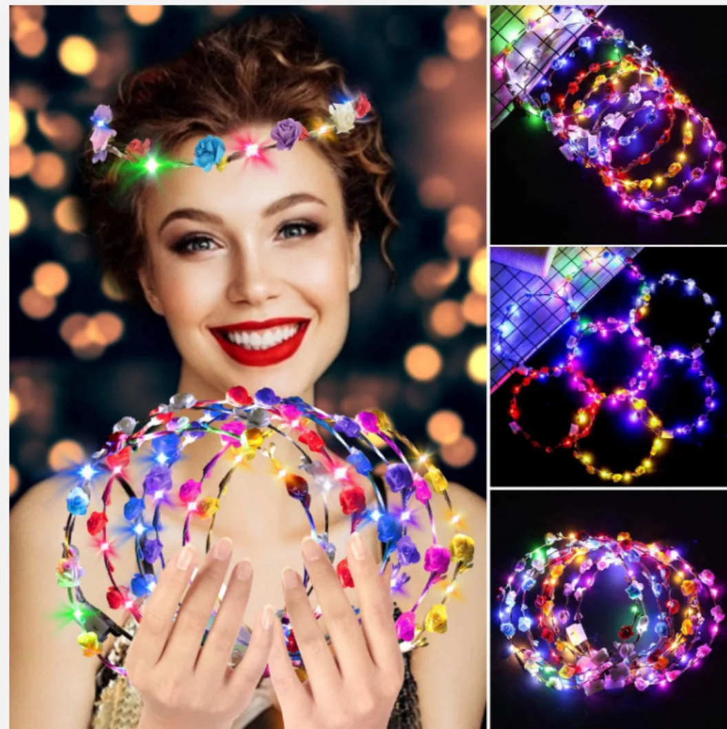 10/20/40/60Pcs Light up Flower Headband LED Flower Hair Crown Glowing Floral Wreath Crowns Birthday Wedding Party Favors