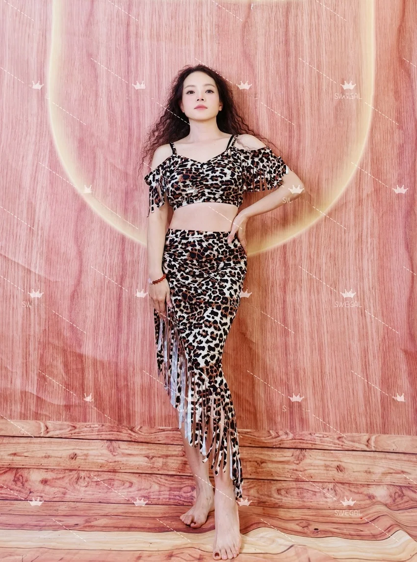 ベリーダンス練習着-イースタンダンスショールセット-コーヒーカラー-ヒョウ柄-フリンジスカートアンサンブル-スポーツフィットネス-ヨガギア
