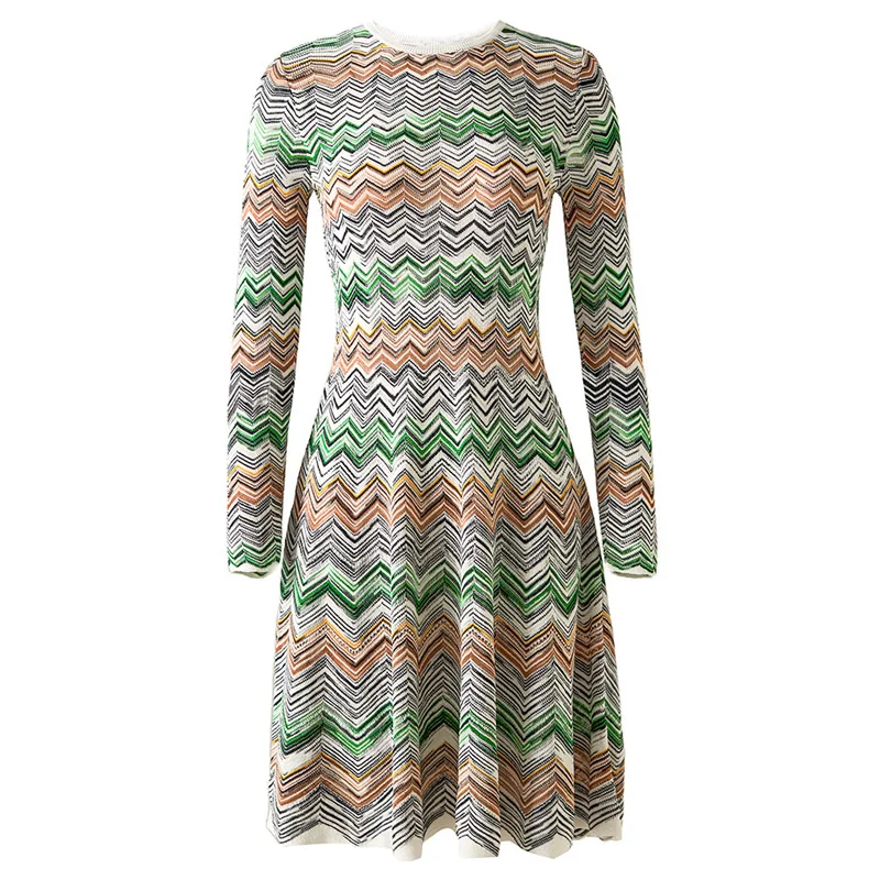 Women Knitted Cotton Dress Office Lady's O-Neck Long Sleeve Striped A-Line Dress
