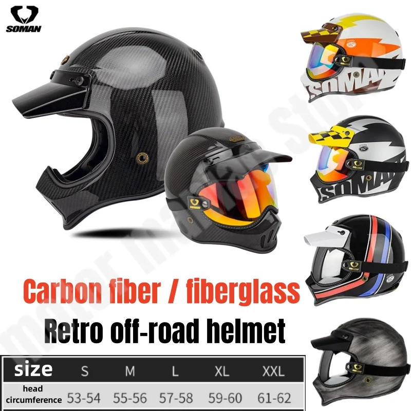 New SOMAN Motorcycle Carbon Fiber Glass Reinforced Plastic Retro Off Road Helmet Personalized Full Helmet DOT Color Lens