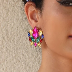 Colorful Shiny Rhinestone Big Stud Earrings for Women Girl Trendy Luxury Geometry Fashion Jewelry Dancing Party Accessories Gift