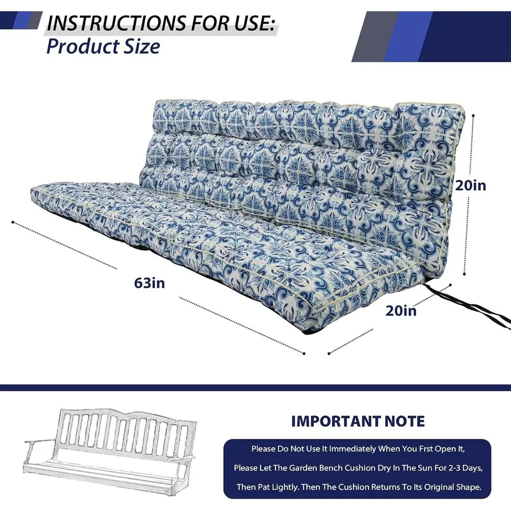 3 Seater Outdoor Swing Cushion with Backrest, 4 Thick, Mediterranean Blue, 63 for Porch, Patio, and Garden