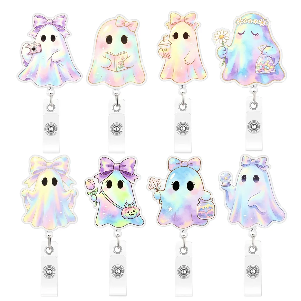Halloween Retractable Badge Reel Glitter Gradient Ghost Decorative ID Holder With 360 Rotating Clip For Medical Staff Gifts