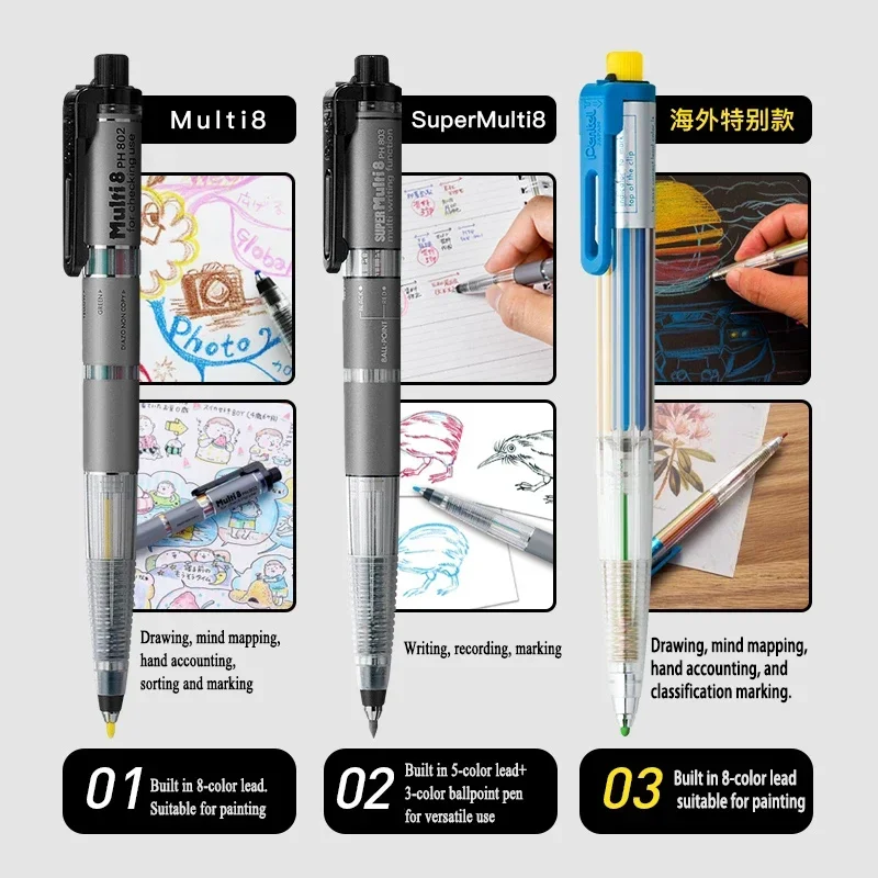 اليابان Pentel متعدد + 8 قلم رصاص ميكانيكي 2.0 مللي متر التلقائي تدق نوع أقلام رصاص ملونة مصمم الفنان على الذهاب للرسم PH803S