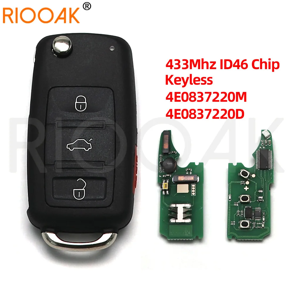 4E083220D / 220E 4E0837220M Flip Remote Key Fob 433Mhz ID46 Chip Keyless-Go Remote Key Fob for Audi A8 S8 2003-2009