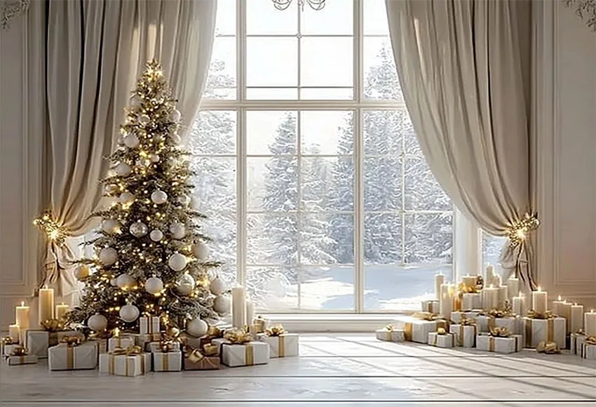 Mehofondหน้าต่างคริสต์มาสการถ่ายภาพพื้นหลังสีขาวผนังผ้าม่านของขวัญเด็กภาพครอบครัวตกแต่งฉากหลังPhoto Studio