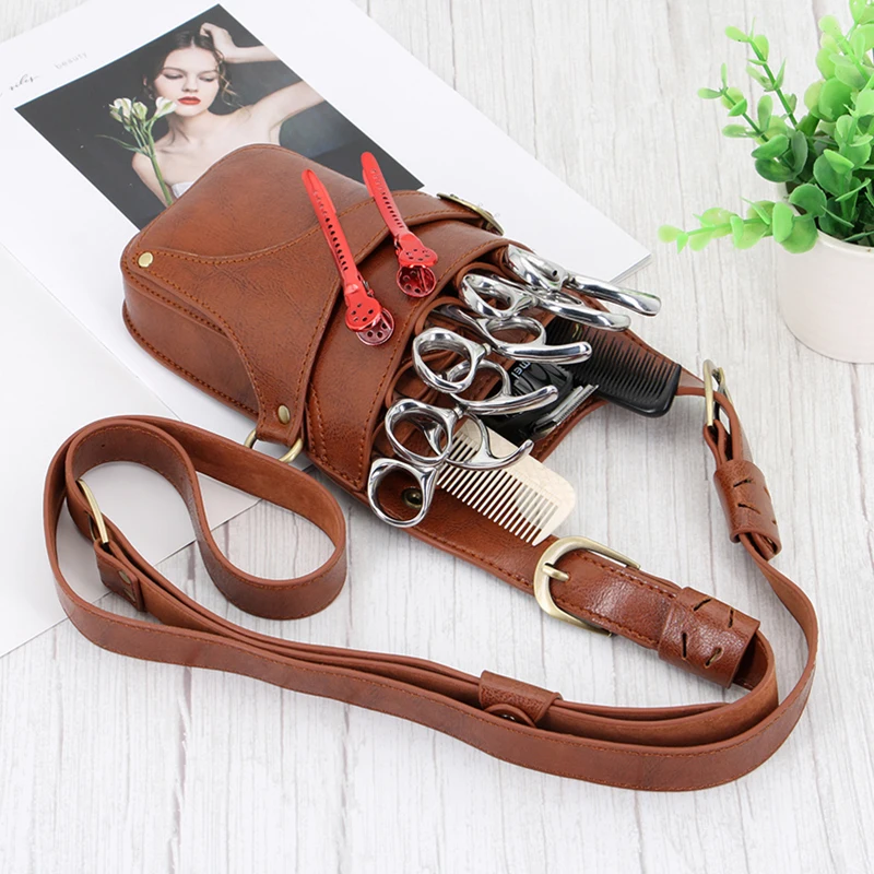 Hair Scissor Holster Pouch with Waist Shoulder Belt for Hairdressers Barber PU Leather Shears Hairdressing Tool Bag