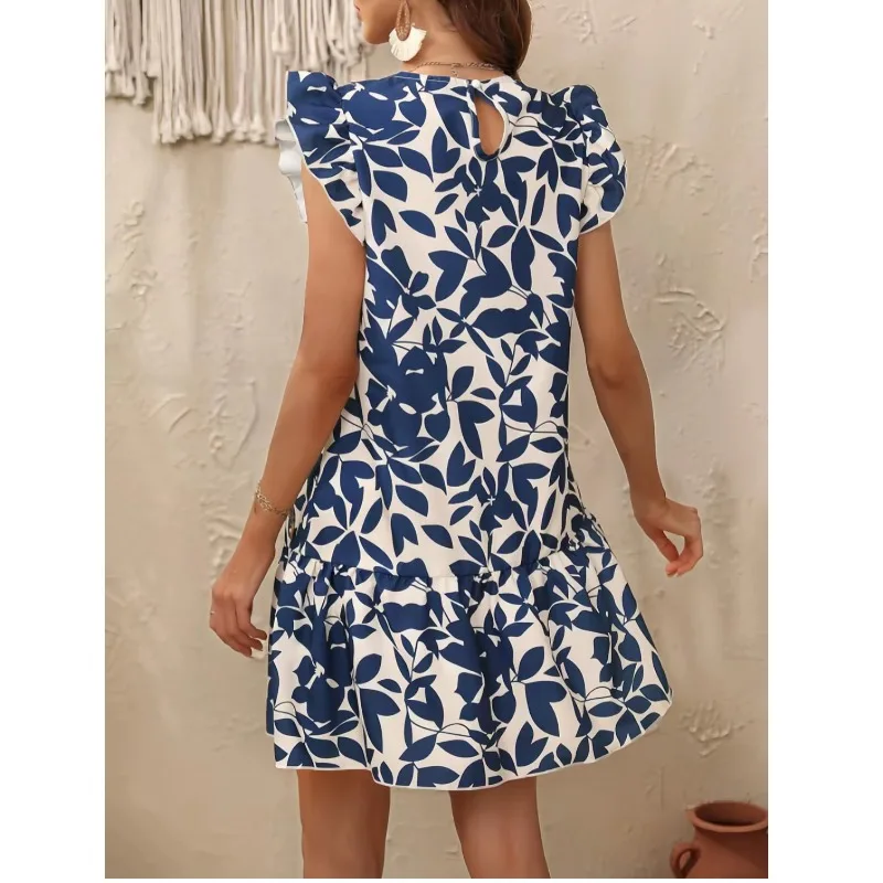 젊은 여성들을 위한 패셔너블한 여름 프린트 라운드 넥 스웨트셔츠와 레 모티프와 퍼프 소매가 있는 귀여운 스커트