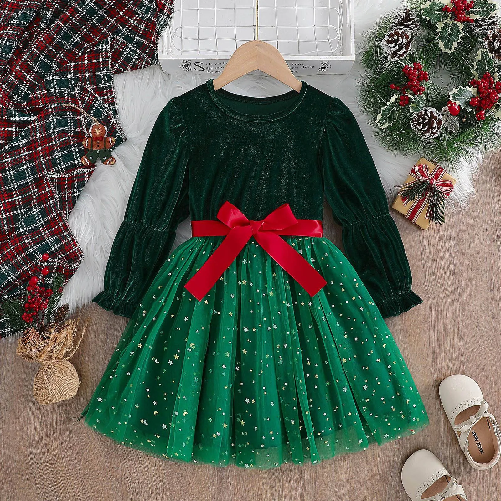 Vestido verde de natal para meninas, inverno, lantejoulas, babados, manga longa, princesa, aniversário, ano novo, vestido de festa de natal para crianças de 3 a 8 anos