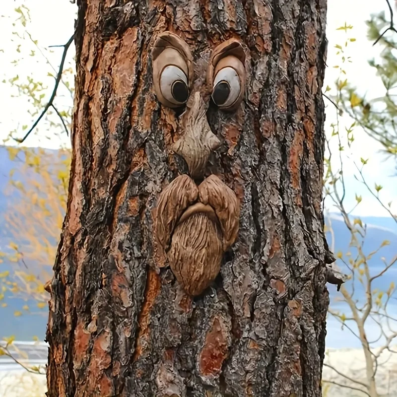 Outdoor Tree Face Statues Funny Bark Ghost Face Decoration Old Man Tree Hugger Yard Art Creative Garden Props for Tree Decor
