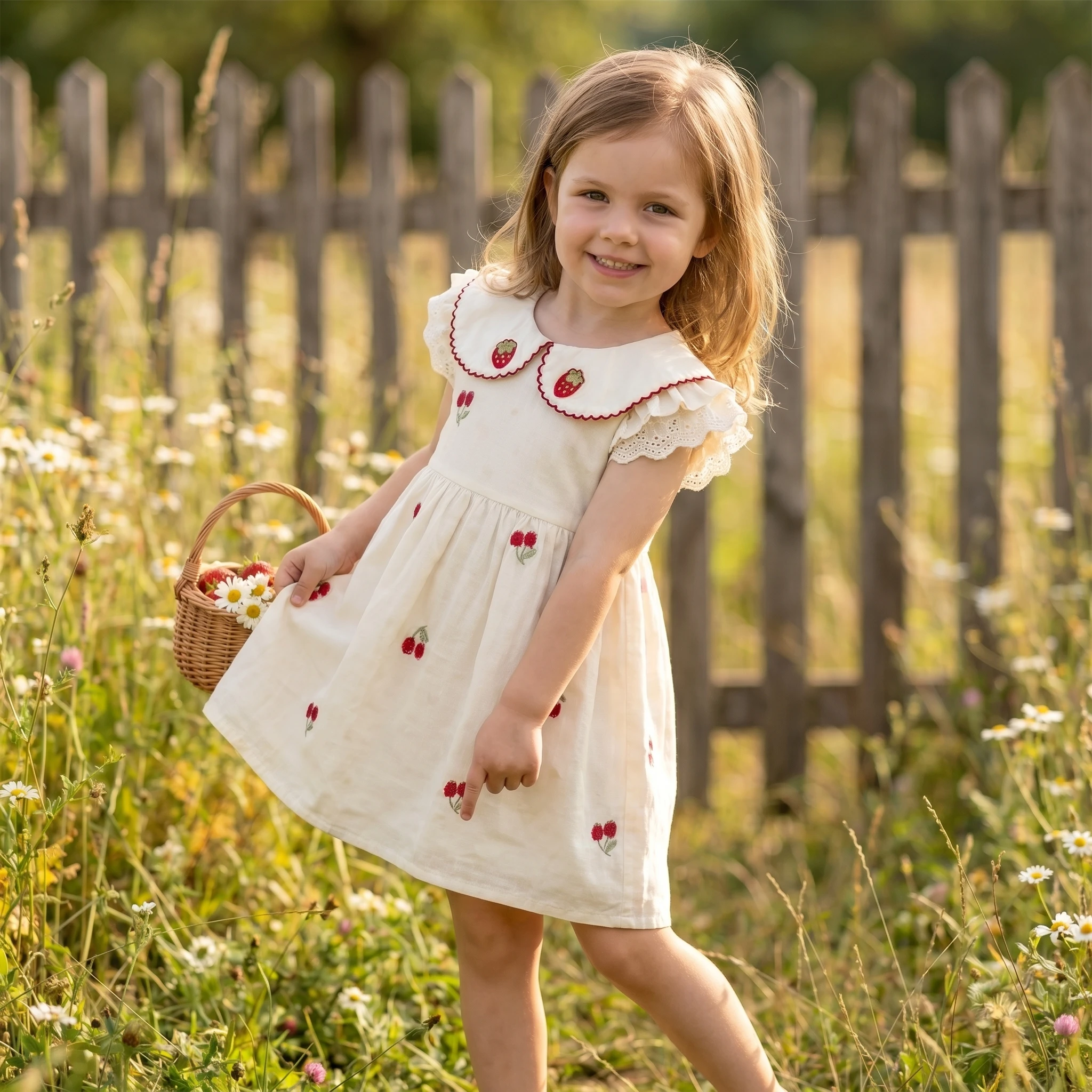 2026 Summer Vacation Style Kids Dress Girls Cherry Embroidery Lace Peter Pan Collar Aline Dress Ruffle Sleeve Children Clothes