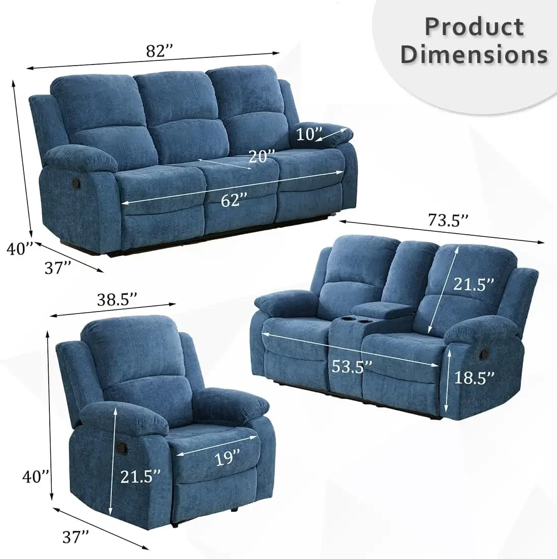 Recliner Sofa Set, Living Room Furniture Set, Manual Sofa Set with Cup Holder and Storage Console for Home/Office/RV Car