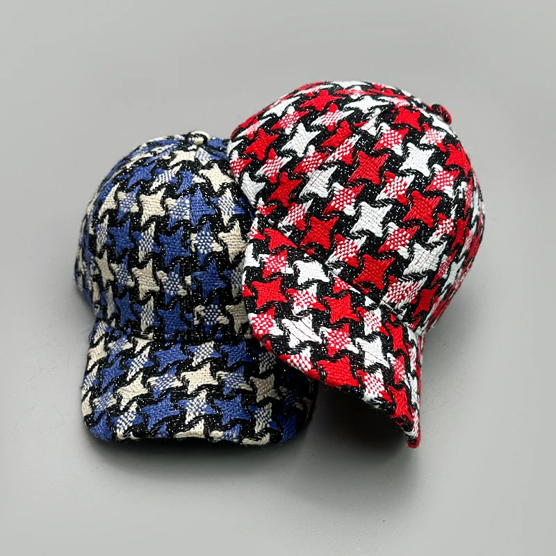 Versatile Color Block Star Baseball Caps Autumn and Winter New Men WomenCotton Fashion Casual British Style Check Warm Colorful