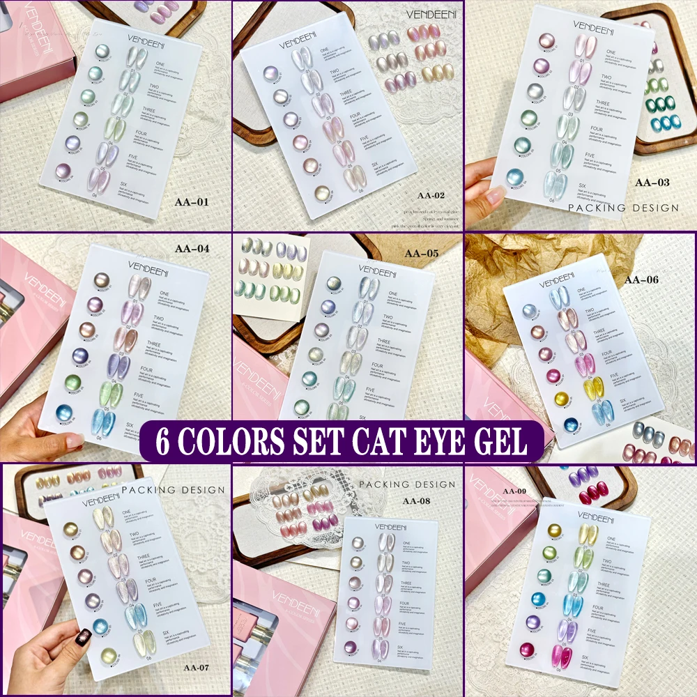 

Vendeeni 6 цветов/набор блестящий Радужный кристалл кошачий глаз магнитный маникюр гель-лак для ногтей с цветной картой TPO/HEMA FREE