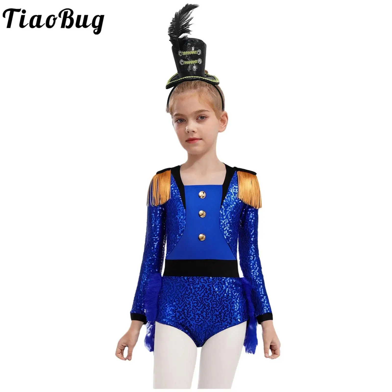 

Kids Girls Halloween Circus Ringmaster Costume Carnival Drum Major Marching Band Dress Up Shiny Sequin Tassels Jumpsuit Top Hat