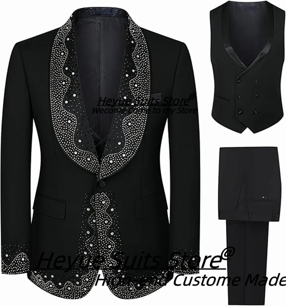 

2025 New Customiezd Men Suits Slim Fit Stick beads Shawl Lapel Groom Wedding Tuxedos 3Pcs Sets Male Blazers Business Ropa Hombre