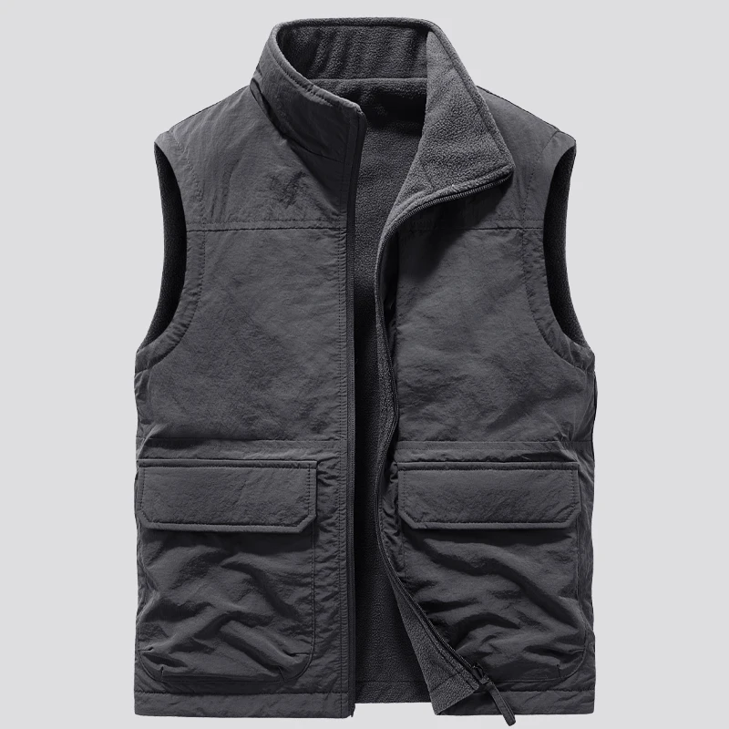 Mens Double-sided Camping Vests Warm Fleece Multi-pocket Utility Casual Tactical Outerwear Outdoor Hiking Cargo Cotton Vests