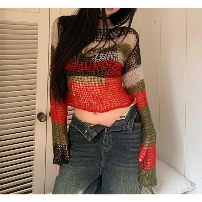 Deeptown Y2K Vintage Cropped distressed Sweater Women Korean Fashion Hollow Out Knitted Jumper Kpop Sexy Backless mesh Knitwear