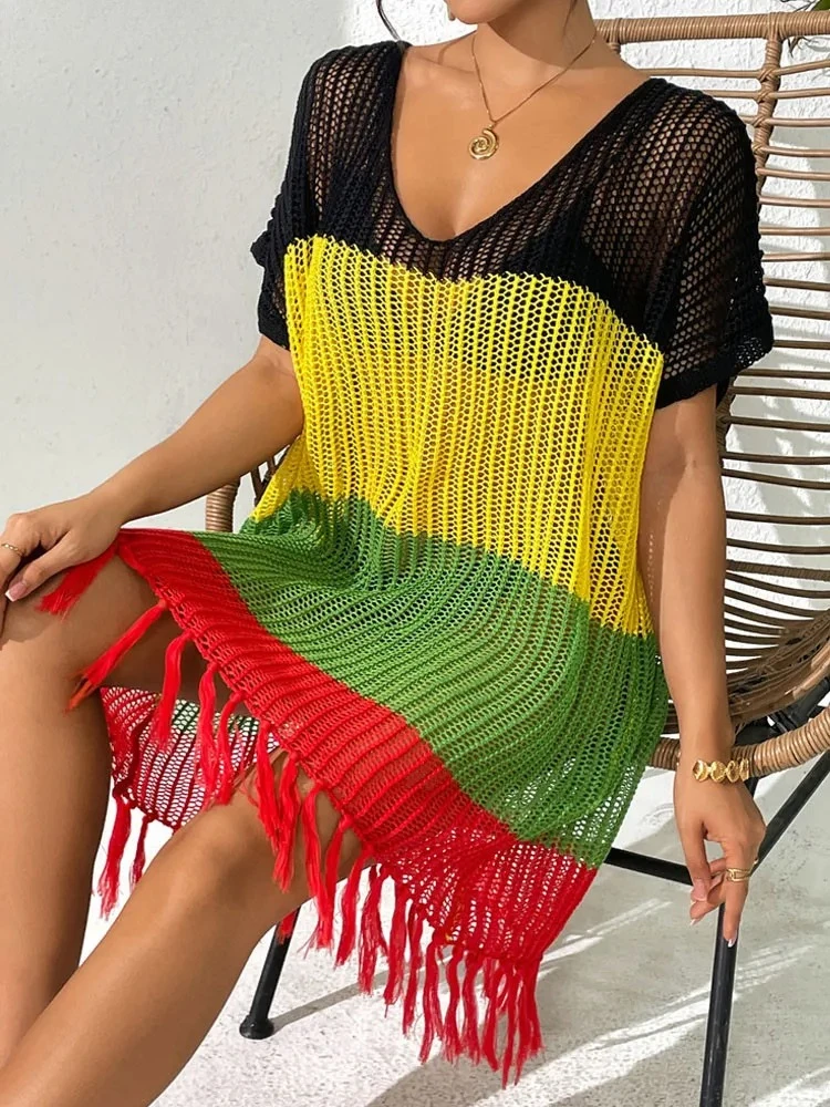 Women Solid Patchwork Bikini Cove Up Short Sleeve Lady Beach Dress Female Tassels Brazilian Swimsuit Cover-Ups