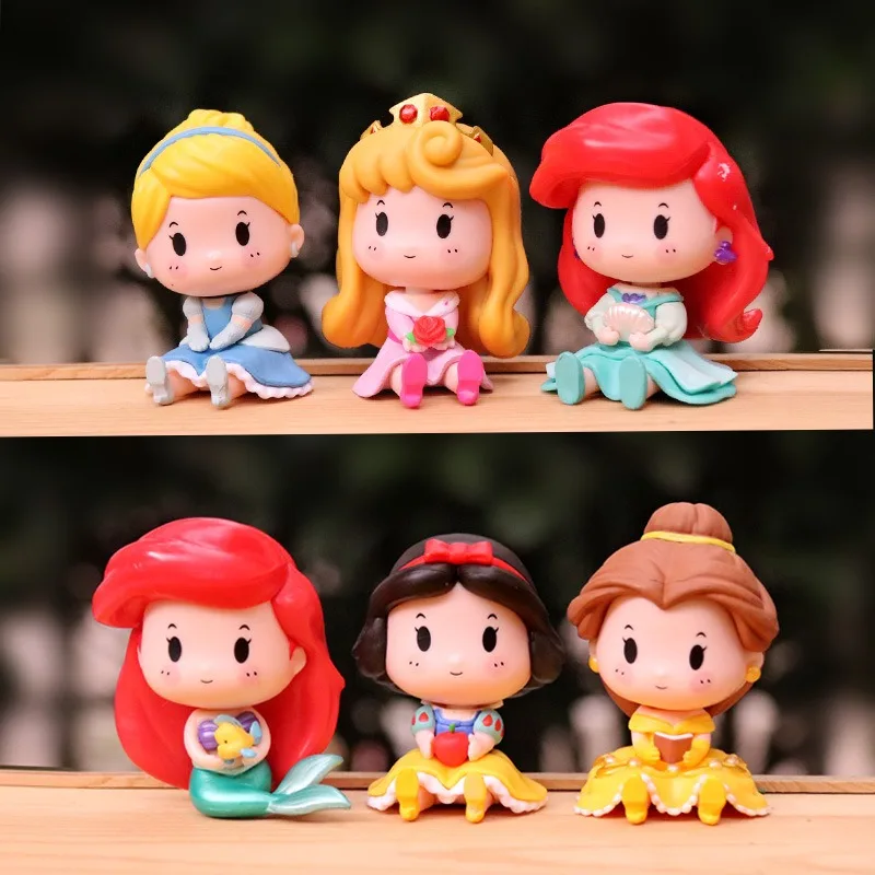 

6Pcs/lot Kawaii Sitting Little Disney Princess Figure Belle Alice Mermaid Cute Figurine Cake Model Decoration Ornaments