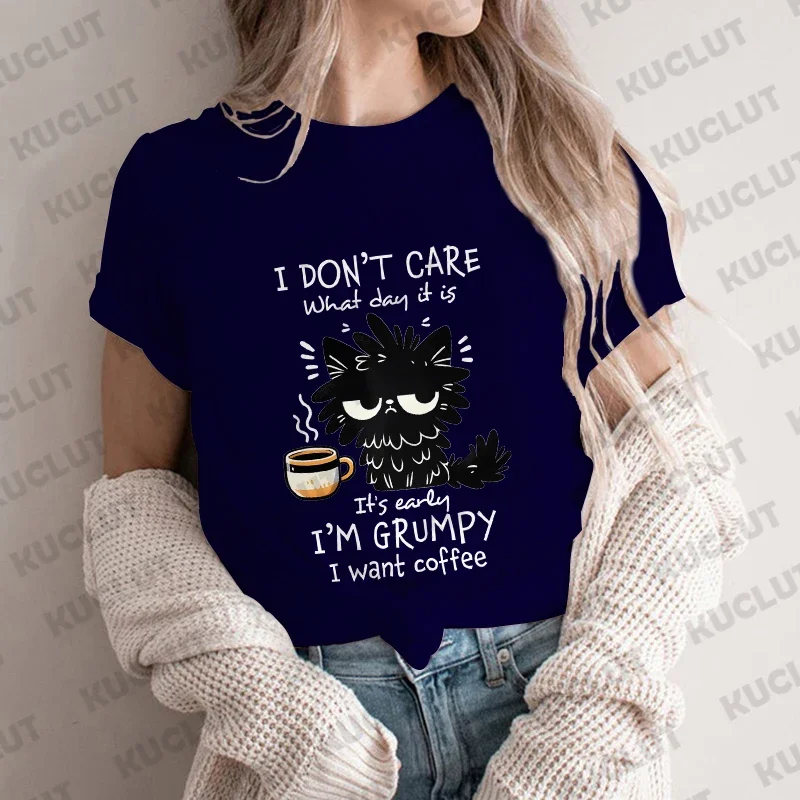 I Want Coffee T-Shirt Women Summer Short Sleeve Y2k Tops Fashion Hip Hop Tees Clothes Black Cat Comfortable Casual T Shirt