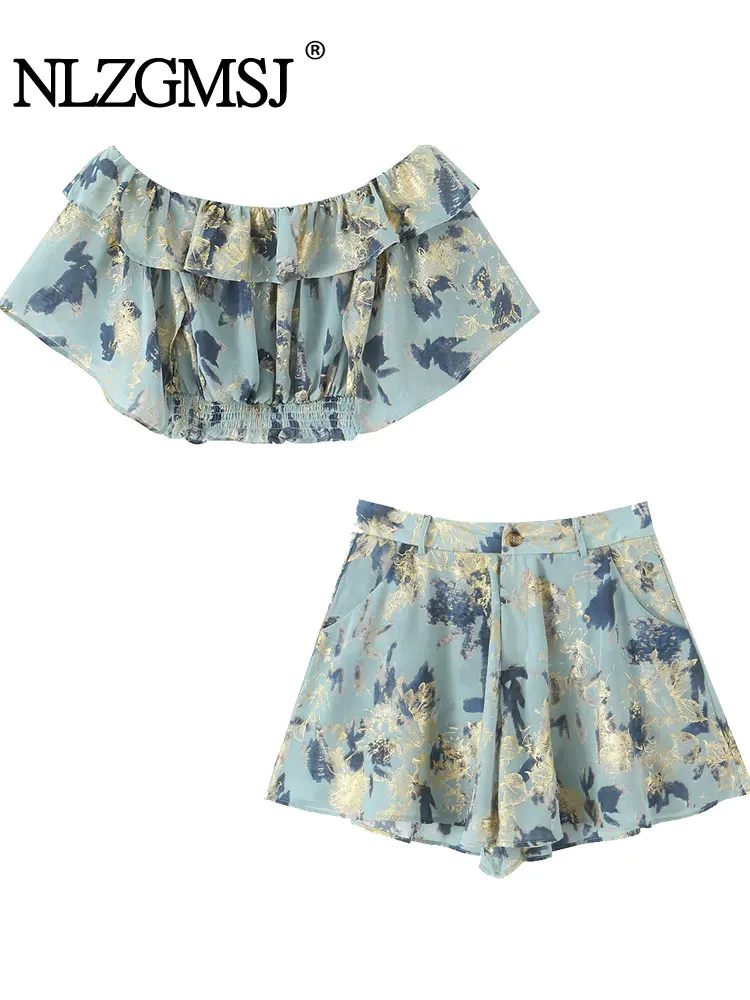 

Шикарные женские шифоновые комплекты с открытыми плечами и золотым тиснением, прямые свободные шорты, новые модные летние комплекты 2025 года