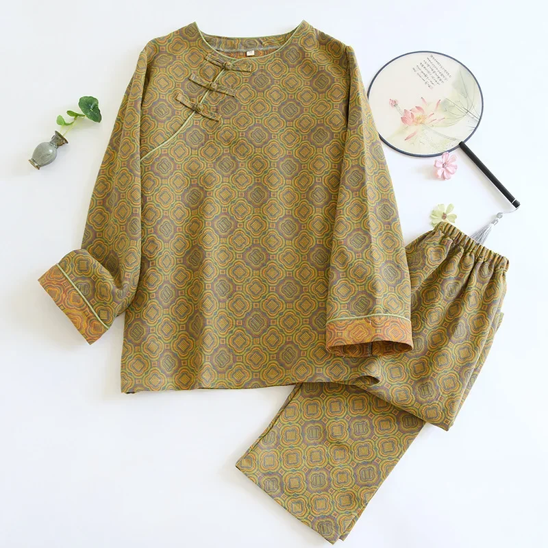 Retro Buckle Crew Neck Pajamas Women's Cotton Gauze Long-sleeved Casual Jacquard Loungewear Thin Yarn-dyed Nightwears for Ladies
